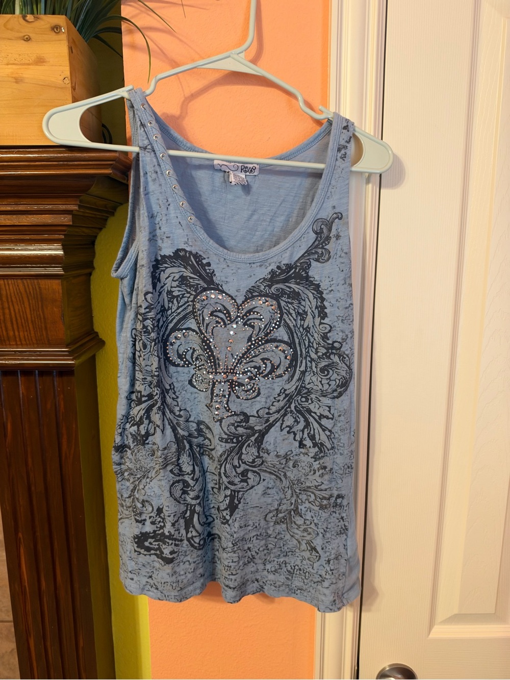 Sleeveless Blue Graphic Tank with Rhinestone Fleur-de-Lis RXB brand